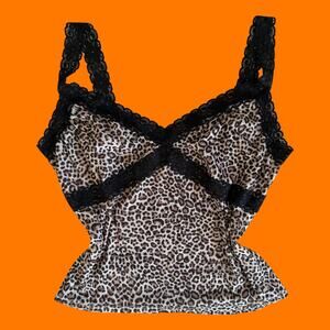 00's vintage leopard mesh black lace y2k bodycon tank top XL